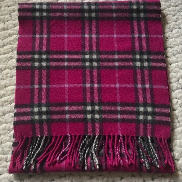 Mens BURBERRY 100% Cashmere Scarf New Nova Check Raspberry Pink Black Plaid Long - Picture 5 of 7